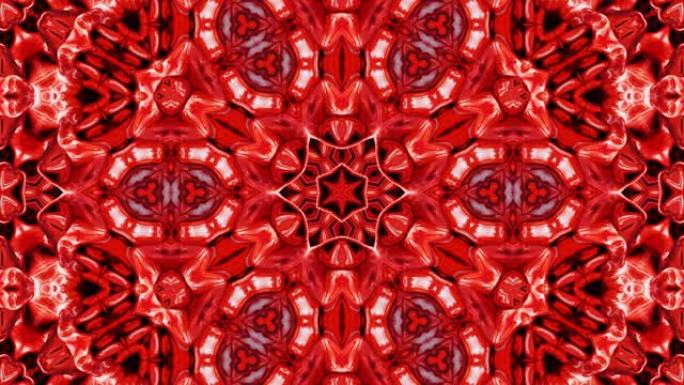 3D时尚循环抽象bg。液体红色对称图案，如万花筒，带波。明亮的液体玻璃波浪形结构，具有美丽的渐变颜色
