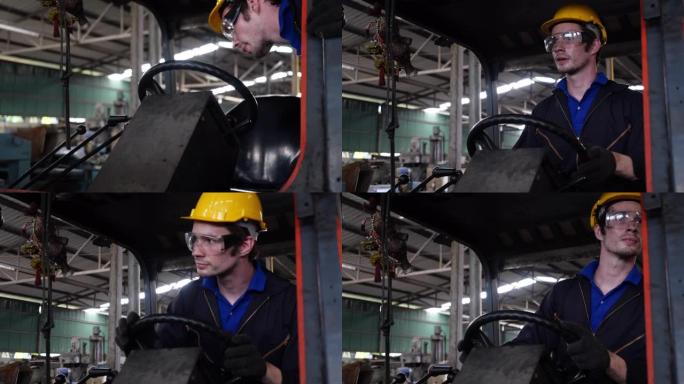 高加索男性专业工程师仓库工人在工厂内驾驶叉车。
