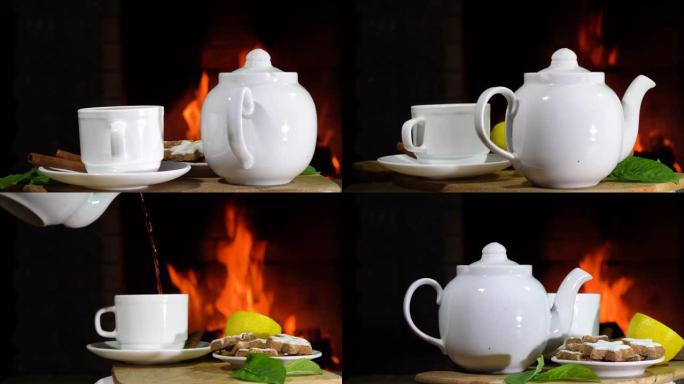 前面有柠檬和薄荷的茶在乡间别墅中旋转燃烧的壁炉。