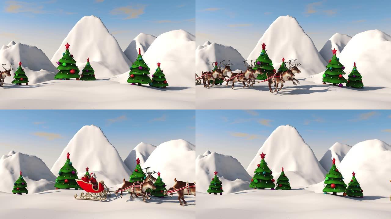 圣诞老人在鹿拉的雪橇上携带礼物。绿色背景上的循环视频