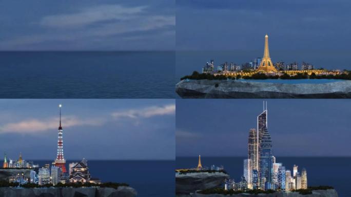 海洋上方浮岛上微型城市的3d动画