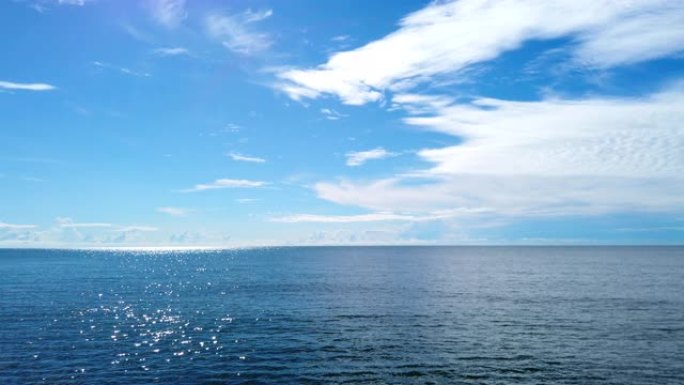 清澈的蓝色海洋和蓝色的天空，水平线，平静的海洋中的阳光反射，4K