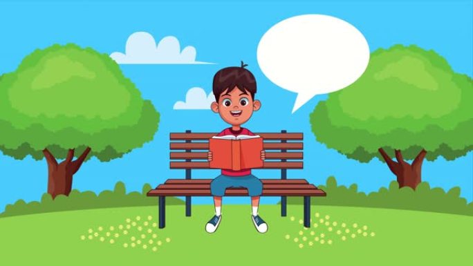 坐在公园椅子上的小男孩读书动画人物