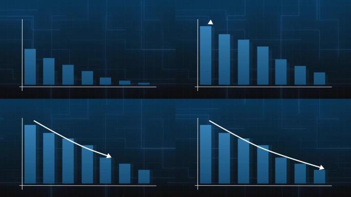 金融业务图，图表。垂直条形图动画。数据下降。蓝色设计。3D动画。4k视频