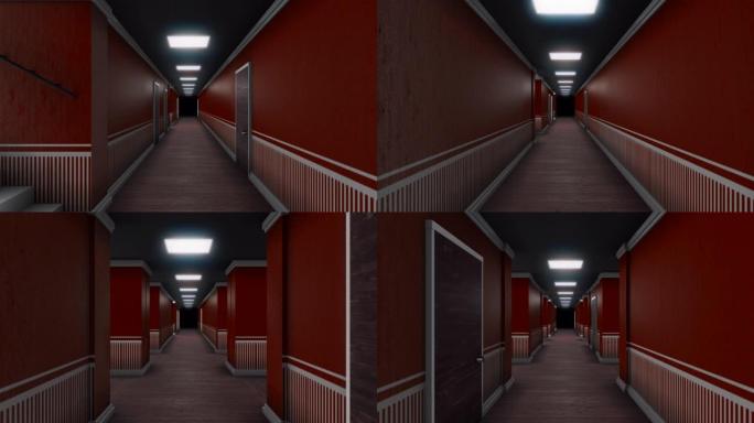 穿过带有红墙的酒店大楼内的走廊。动画。3D设计和建筑概念，带门和灯的抽象大厅内部的视图。
