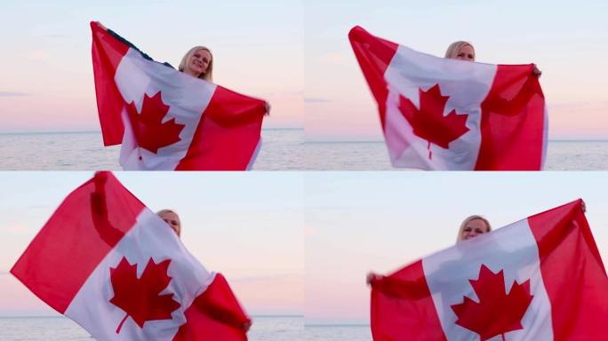 4 k。微笑的女人挥舞着加拿大国旗在户外海洋海洋日落在夏天-加拿大国旗，国家，爱国主义，7月1日
