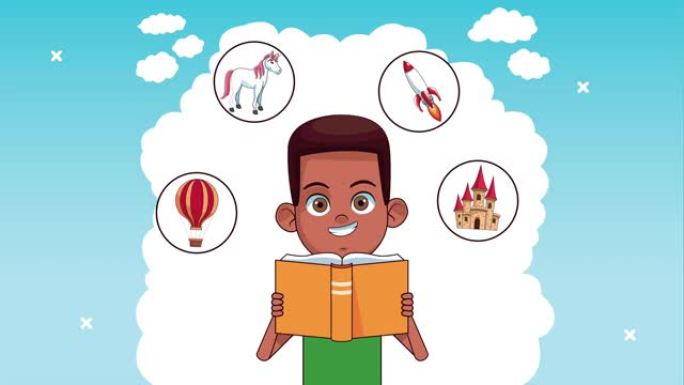 非洲小学生男孩阅读书，带套装幻想图标