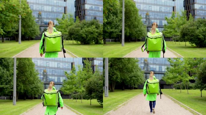 后面的镜头是穿着绿色制服和保暖袋走在城市街道上的十几岁女性食品快递员的照片
