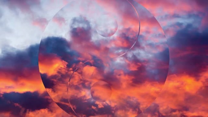 创意4k视差视频，日落时分，云彩在阴阳符号的背景下向两侧扩散。冥想概念，开放的心态。