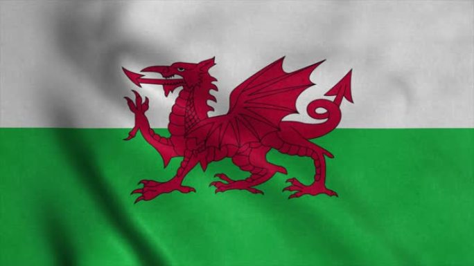 迎风飘扬的威尔士旗。无缝环与高度详细的织物纹理