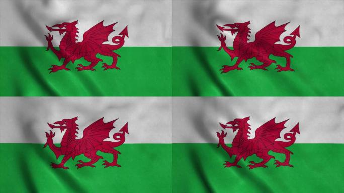 迎风飘扬的威尔士旗。无缝环与高度详细的织物纹理