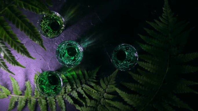 烈性酒。绿色苦艾酒的铅杯。森林蕨类植物和魔法阴影