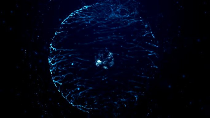 蓝色粒子能量球。摘要技术、科学、工程和人工智能运动背景。