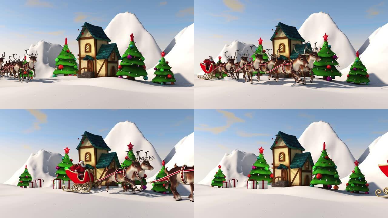 圣诞老人在鹿拉的雪橇上携带礼物。绿色背景上的循环视频