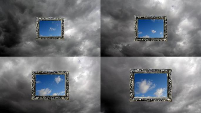概念性的时间圈视频，在老式框架中，蓝天和快速移动的积云在多雨的天空中，灰云。光明的未来，希望，信念的