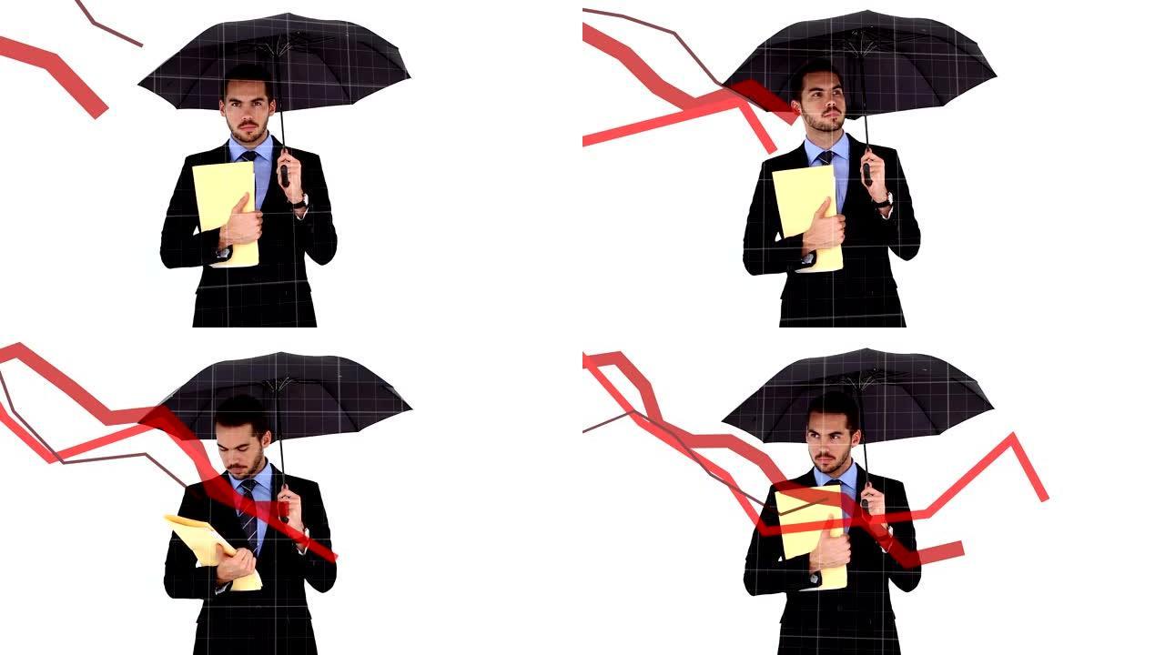 红色图表反对拿着雨伞的商人
