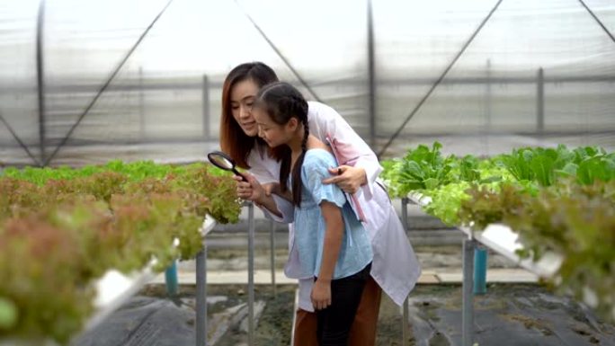 母亲带着女儿在农场收获蔬菜