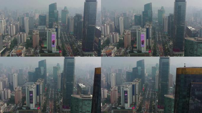 广州市中心晴天烟雾交通街空中全景4k中国