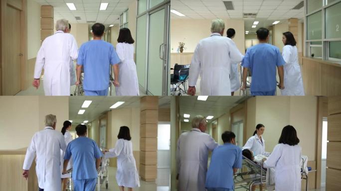 医生们推着医院走廊里的病床。