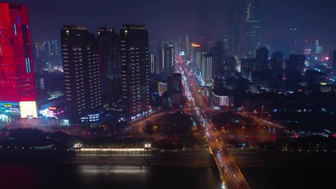 夜间照明长沙市市区滨河交通桥街路空中全景4k中国