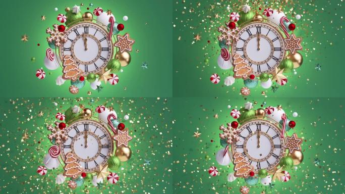 3d渲染，新年快乐庆祝，闪闪发光的五彩纸屑午夜致敬。姜饼饼干、糖果和玻璃球慢动作。绿色背景上漂浮在复
