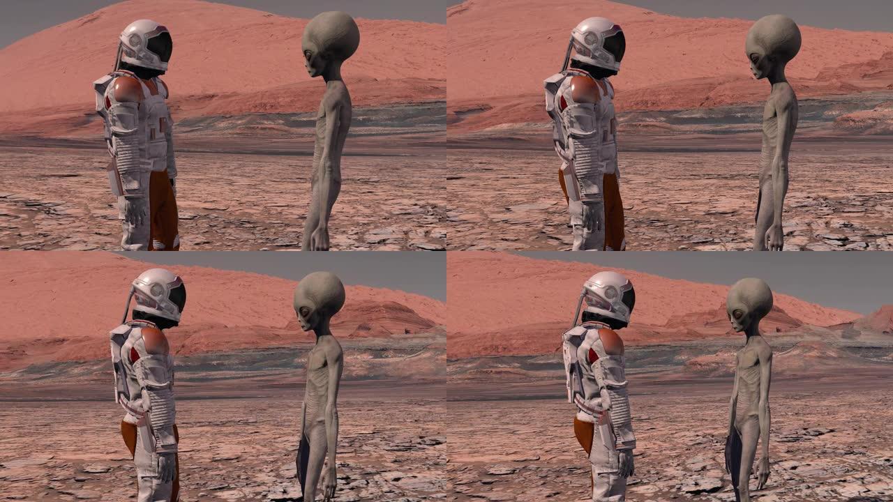 宇航员在火星上遇到一名火星人。第一次接触。火星上的外星人。探索火星任务。殖民和太空探索概念。3d渲染