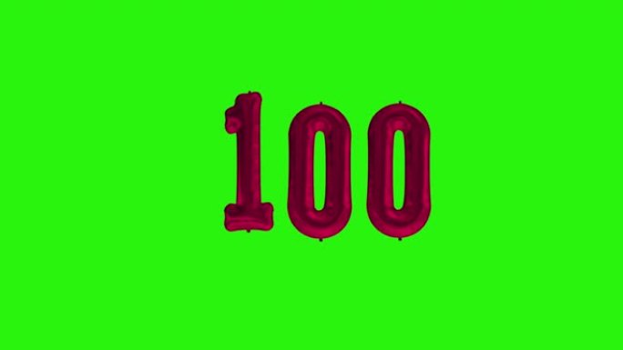 数字100 100年庆祝红色箔气球漂浮绿色屏幕