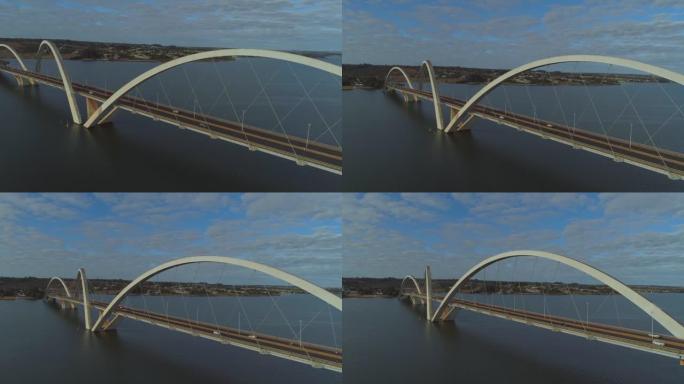 沿着巴西利亚的Juscelino Kubitsheck桥 (JK桥) 下降的空中跟踪