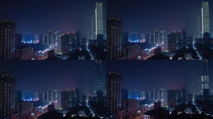 夜间照明长沙市市中心交通街空中全景4k中国