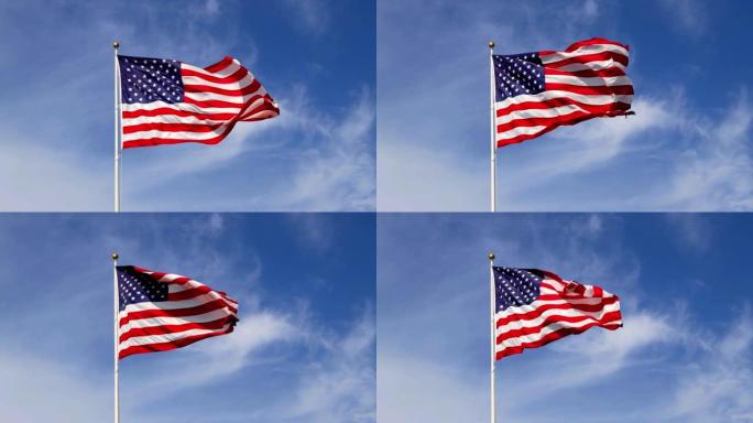 明亮的美国国旗在风中飘扬，用充满活力的红、白、蓝颜色在太阳的照耀下，映衬着蓝天为与拷贝的空间。