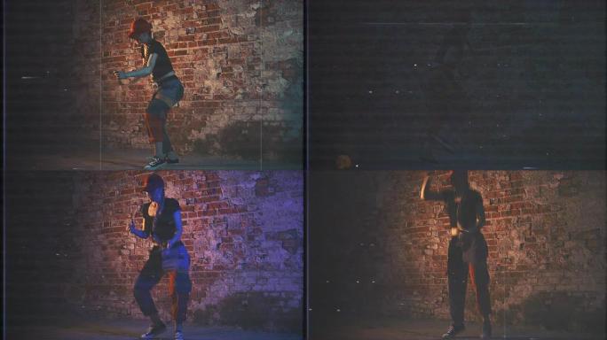 复古复古80年代年轻快乐的女孩在砖墙前跳舞，复古派对127bpm股票视频