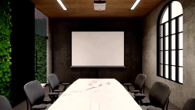 室内空现代阁楼办公室开放空间现代办公室镜头。现代概念会议室设计。4k。3d。渲染
