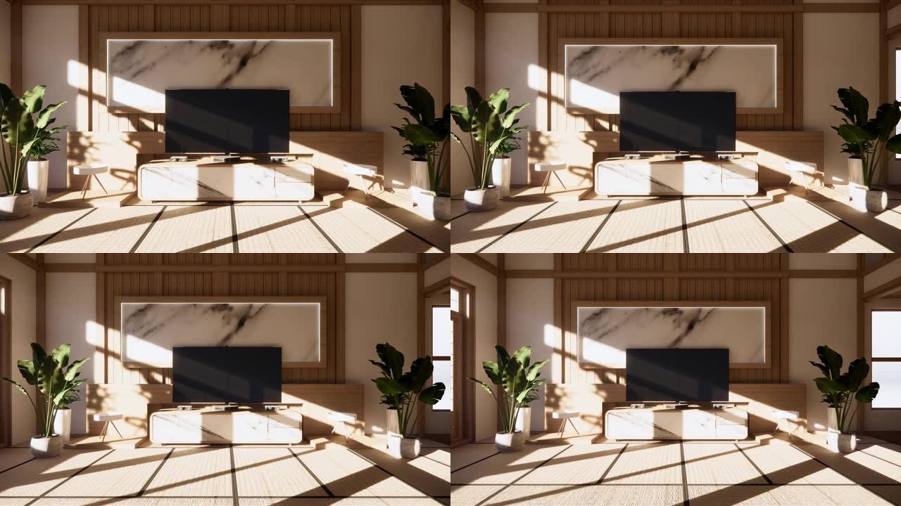 橱柜设计花岗岩和木制现代空房间和白色墙壁上的白色地板房间热带风格。3d渲染