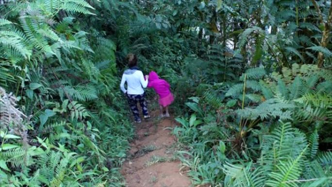 母女俩沿着台阶坡走进森林。