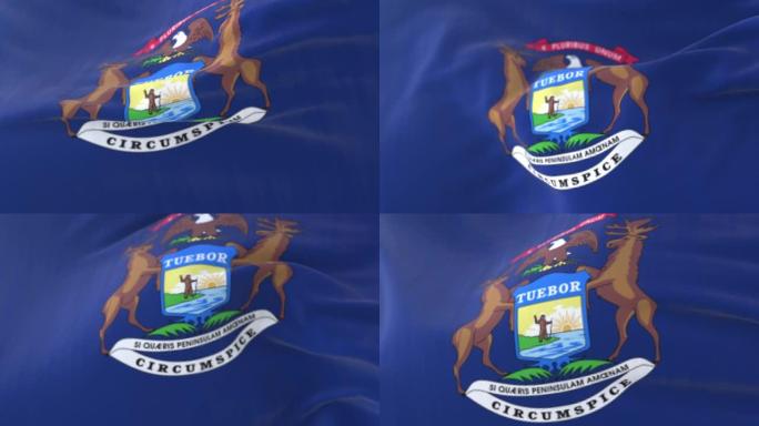 美国密歇根州的旗帜，随风飘扬。循环