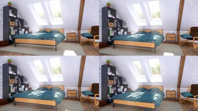 阁楼舒适的现代卧室，配有双人床3D动画