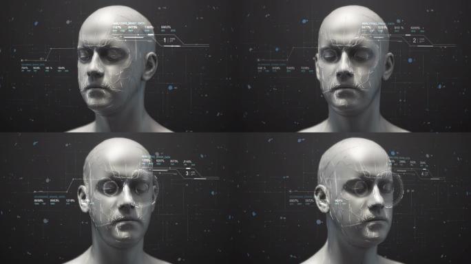 未来仿生机器人脸移动他的头与HUD数据。人工智能
