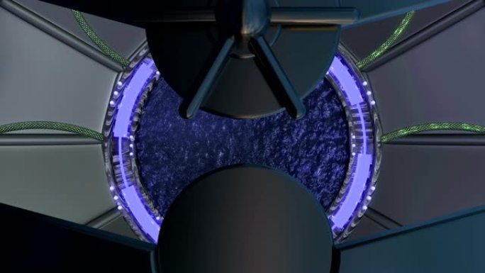 铁舱口打开飞船景观的全景。带门户的科幻走廊的3d抽象背景。未来技术摘要VJ为技术标题和背景。