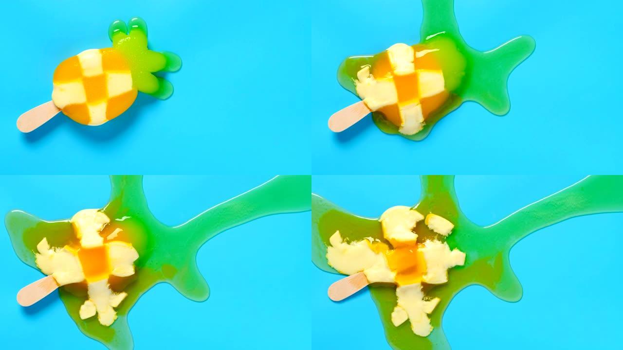 俯视图菠萝形状冰棒融化延时在蓝色背景