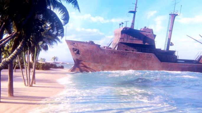 一艘被毁的生锈船躺在热带岛屿的海滩上。废弃工业船舶的概念。循环动画。