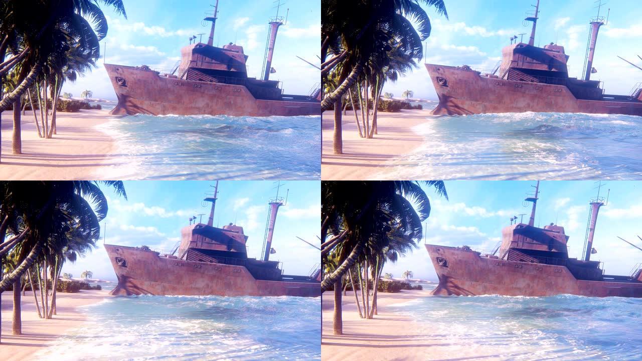 一艘被毁的生锈船躺在热带岛屿的海滩上。废弃工业船舶的概念。循环动画。