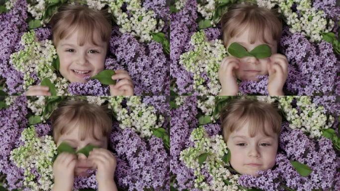 可爱的女孩孩子从她脸上的一束淡紫色花朵中寻找