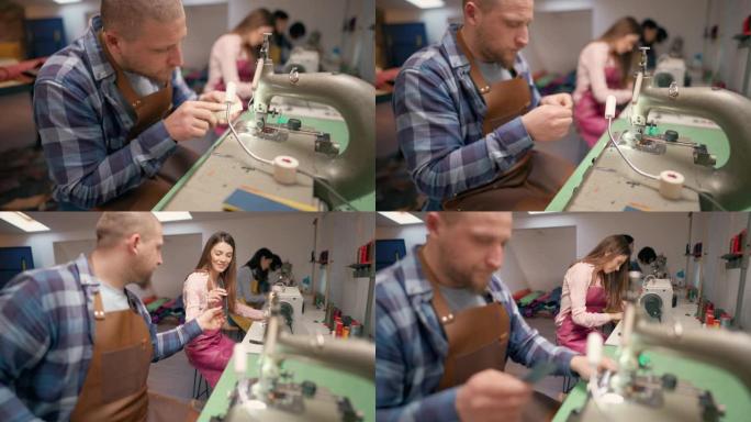 年轻的工匠加工一块皮革材料，然后将其转发给他的女同事