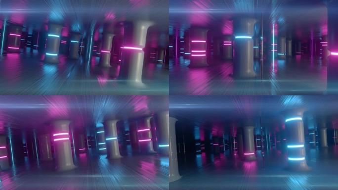 沿着霓虹灯玻璃柱和柱子飞过未来派的走廊。现代紫外线霓虹灯。无缝循环3d渲染