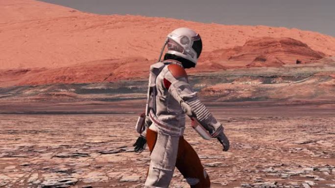 火星上的殖民地。在火星表面行走的宇航员。探索火星任务。未来殖民和太空探索概念。