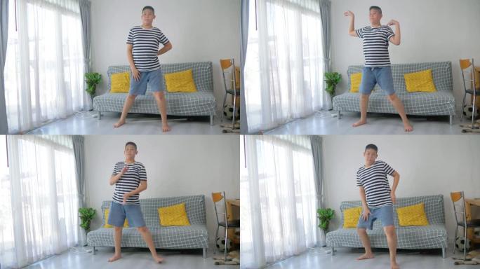 快乐的亚洲青春期男孩在家一起练习舞蹈，生活方式理念。
