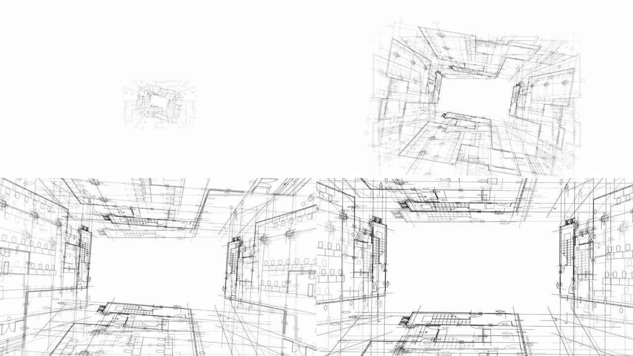 蓝图: 建筑图纸-现代房屋的建筑平面图/平滑旋转/无缝循环