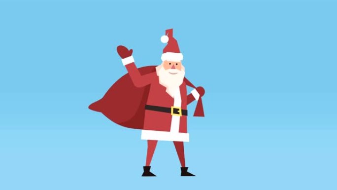 扁平快乐圣诞老人与礼品袋孤立的卡通人物。挥舞着手的步行循环你好动画