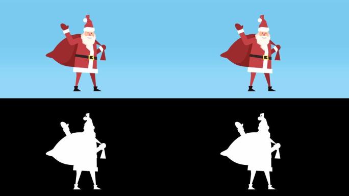 扁平快乐圣诞老人与礼品袋孤立的卡通人物。挥舞着手的步行循环你好动画