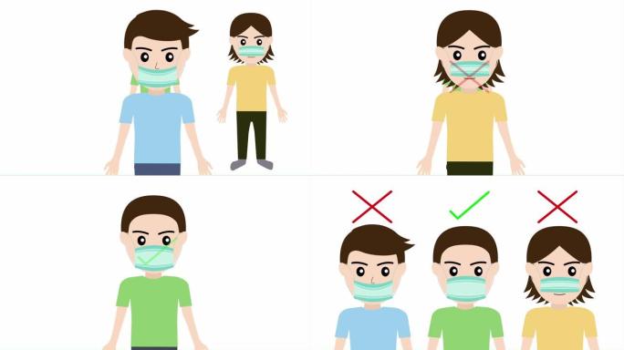 如何戴口罩预防病毒和社会距离疾病的动画戴口罩预防电晕病毒和保持距离感染风险和疾病预防电晕病毒 (新型